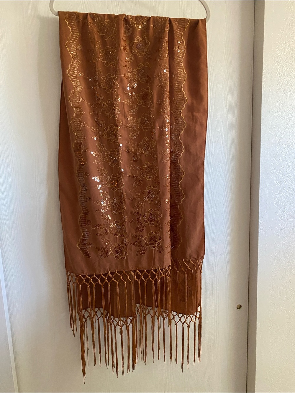 Embellished Fringe Wrap Scarf in Rust - Picture 4 of 4